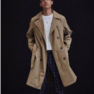 Mens khaki tan trench coat XS Urban Outfitters Neutral Belted Genderless